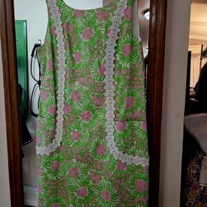 Lilly Pulitzer Pink & Green Floral Midi Dress with White Trim